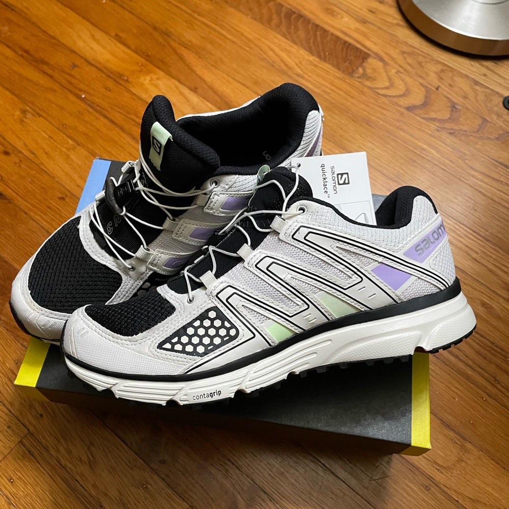 Salomon Black and White X Mission 3 Trail Running Shoes with Purple Highlights